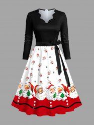 Robe de Noël grande taille à imprimé flocons de neige et Père Noël, col en V festonné et ceinture - Noir 5XL