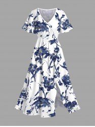 Plus Size Flowers Leaf Ink Painting Print Split Hawaii Midi Dress -  