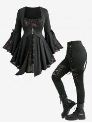 Flowers Print Spider Shaped Zipper Bowknot Flare Sleeve 2 In 1 Top and Skull Hollow Out Fishnet Leggings Plus Size Outfit -  