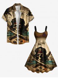Coconut Tree Pirate Skull Fire Flame Boat Cruise Print Plus Size Matching Hawaii Beach Outfit For Couples -  