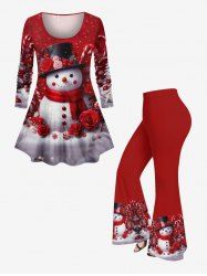 Ensemble assorti de Noël, t-shirt et pantalon évasé pour femme, motif flocon de neige, bonhomme de neige, fleurs et bonbons, grande taille - Rouge 