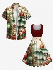 Tenue de Noël assortie grande taille pour couples, motif houx, vagues, voilier, imprimé croisière - Rouge 