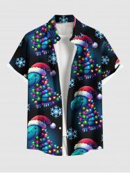 Plus Size Christmas Light Hat Snowflake Dinosaur Print Ombre Button Pocket Shirt For Men -  