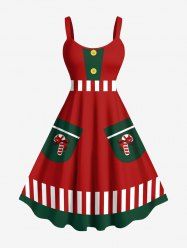 Costume de Père Noël de Noël grande taille, robe débardeur trapèze à imprimé bonbon - Rouge L