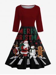 Robe vintage années 50 à imprimé Père Noël, bonhomme de neige, pain d'épices, élan, lettres, coupe trapèze, mi-longue - Rouge Vineux L