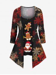 T-shirt 2 en 1 à manches longues pour femme, imprimé flocon de neige, pain d'épices, Père Noël, grande taille - Rouge XS