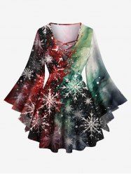 T-shirt de Noël grande taille à manches longues pour femme, imprimé flocon de neige, dégradé, peinture, éclaboussures, treillis - Noir XS