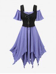 Plus Size Lace-up Hollow Out Butterfly Lace Trim Ruffles Zipper Cold Shoulder Tank Dress -  