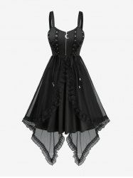 Robe débardeur à œillets, laçage en forme de lune, fermeture éclair et bordure en dentelle florale. Ourlet asymétrique. - Noir L