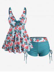 Plus Size Tropical Leaf Hibiscus Flower Flamingo Zig Zag Print Hawaii Cinched Boyleg Tankini Swimsuit -  