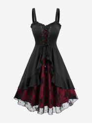 Flower Lace Jacquard Lace Up Ruffles A Line Dress -  