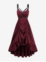 Solid Cinched Textured High Low Asymmetric PU Strap Harnessed Dress -  