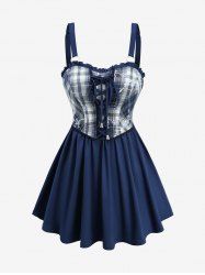 Plaid Print Flower Embroidery Lace Up Cami Top -  