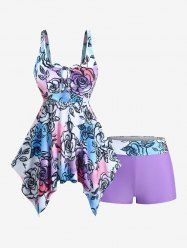 Plus Size Ombre Rose Flower Print Keyhole Tied Boyleg Tankini Swimsuit (Adjustable Shoulder Strap) -  