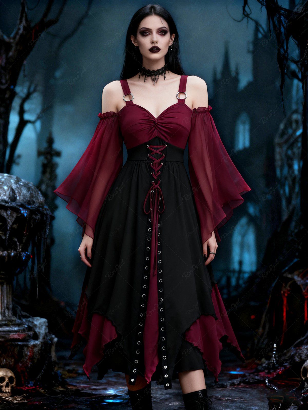 Hot Plus Size Cold Shoulder Chiffon Flare Sleeves Twist Lace Up Grommet Two Tone Layered Asymmetric Vintage Dress  