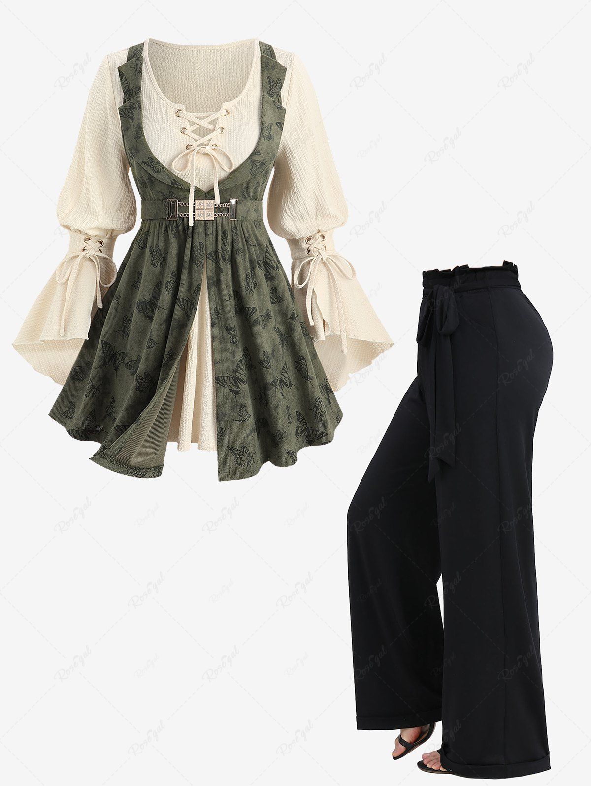 Fancy Lace Up Panel Butterfly Print Poet Sleeves 2 In 1 Top and Ruffles Waist Wide Leg Pants Plus Size Outfit  