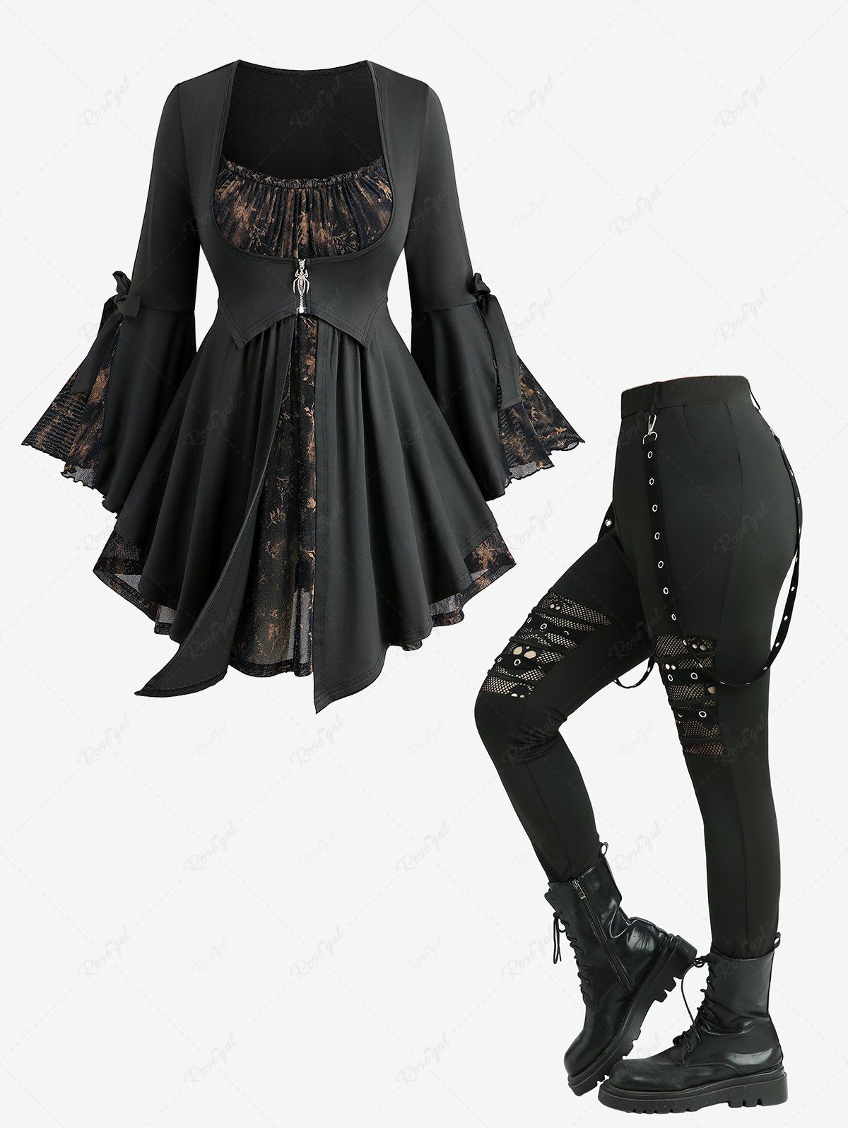 Outfits Flowers Print Spider Shaped Zipper Bowknot Flare Sleeve 2 In 1 Top and Skull Hollow Out Fishnet Leggings Plus Size Outfit  