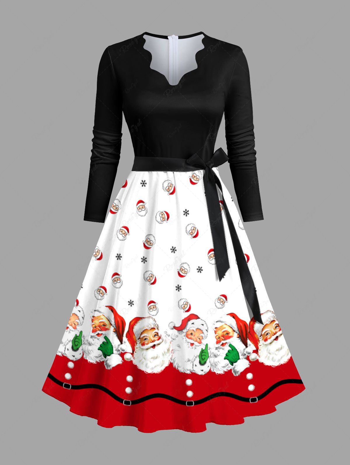 Robe de Noël grande taille à imprimé flocons de neige et Père Noël, col en V festonné et ceinture Noir 5XL