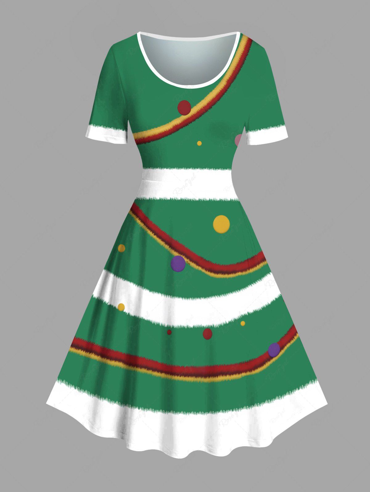 Robe vintage grande taille à imprimé colorblock et rubans de boules de Noël Vert Jade L