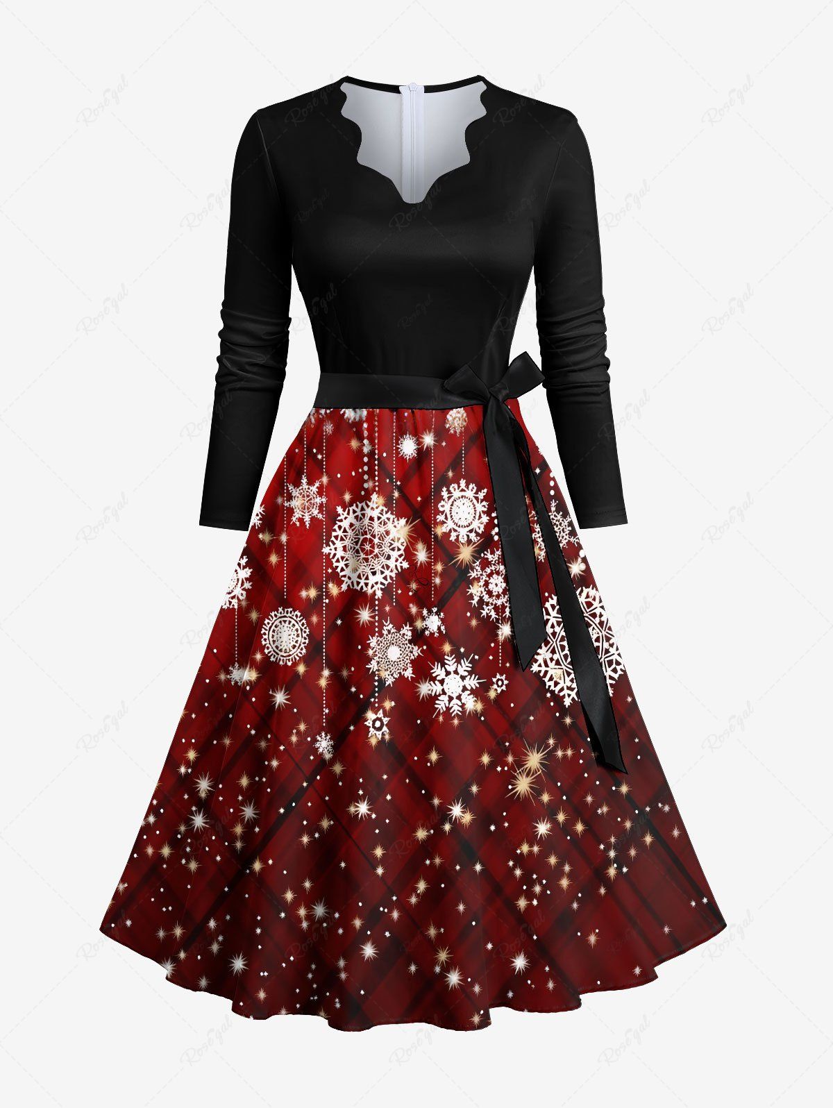 Unique Plus Size Christmas Snowflake Tassel Colorblock Glitter 3D Print Scalloped V Neck Dress With A Belt  
