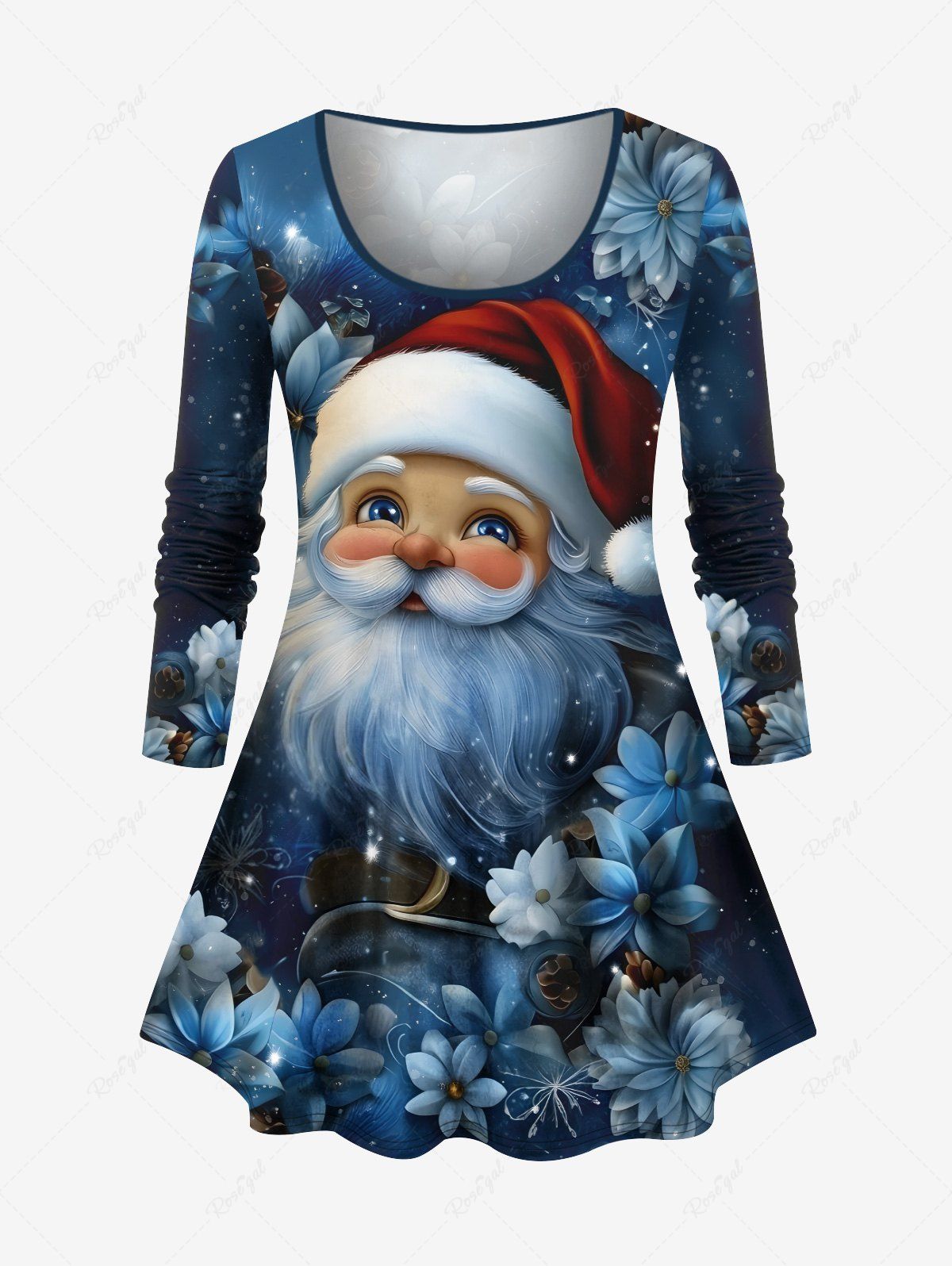 T-shirt de Noël grande taille imprimé Père Noël, fleurs et galaxie Bleu Marine XS