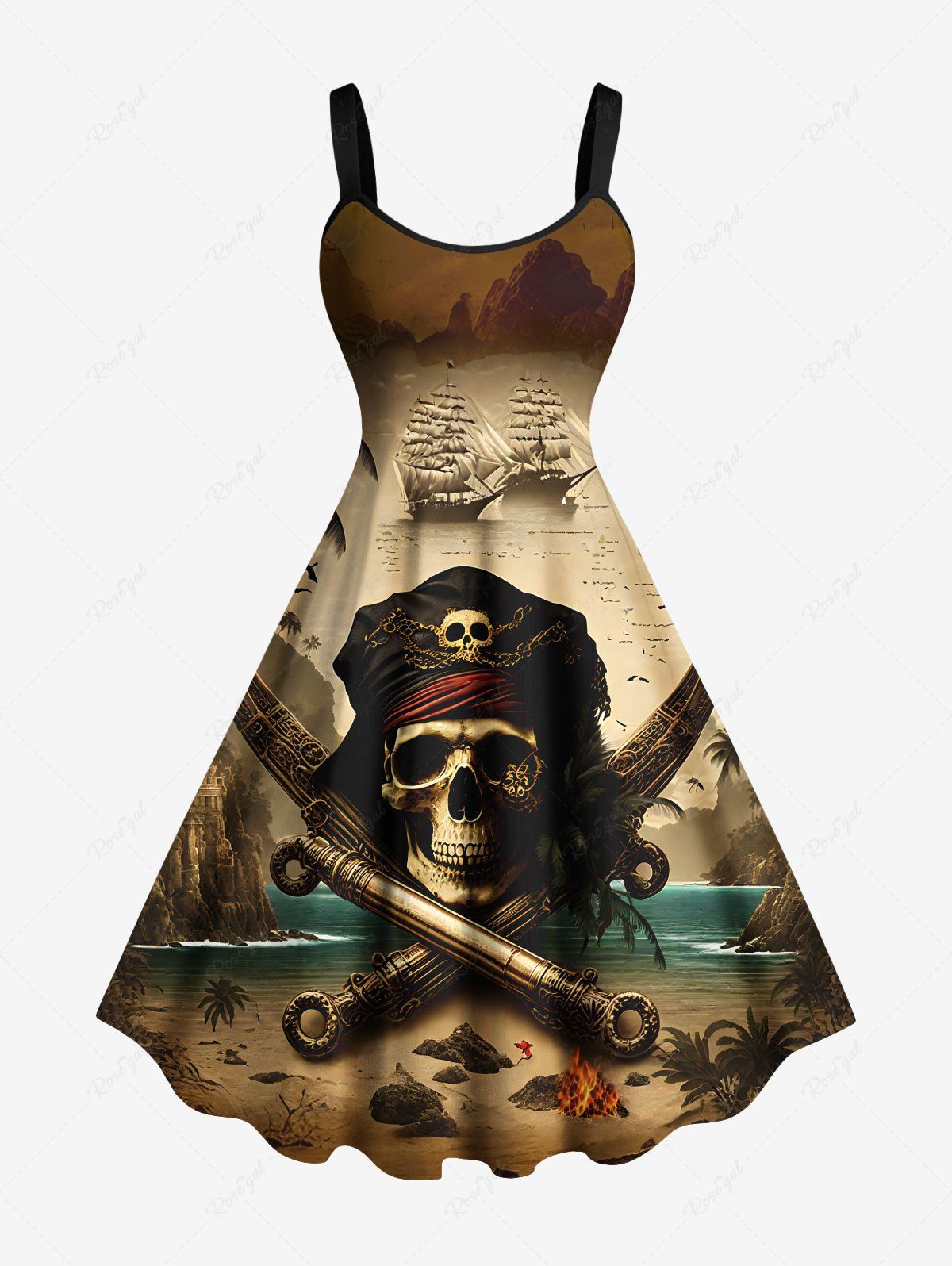 Robe débardeur hawaïenne grande taille à imprimé cocotier, pirate, crâne, feu, flamme, bateau, croisière Bronze XXS