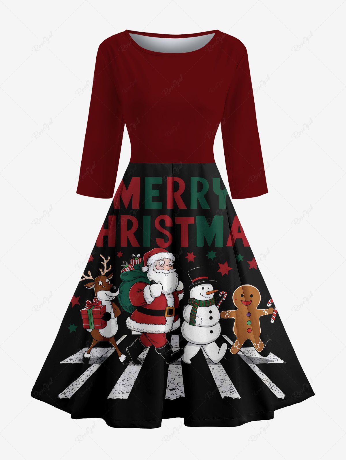 Robe vintage années 50 à imprimé Père Noël, bonhomme de neige, pain d'épices, élan, lettres, coupe trapèze, mi-longue Rouge Vineux 3XL