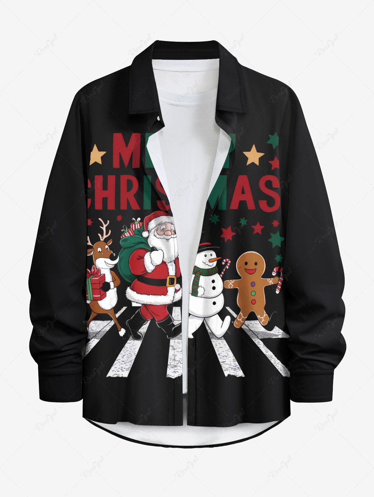 Chemise à manches longues pour homme, grande taille, motif Père Noël, bonhomme de neige, pain d'épices, élan, lettres imprimées, boutons Noir M