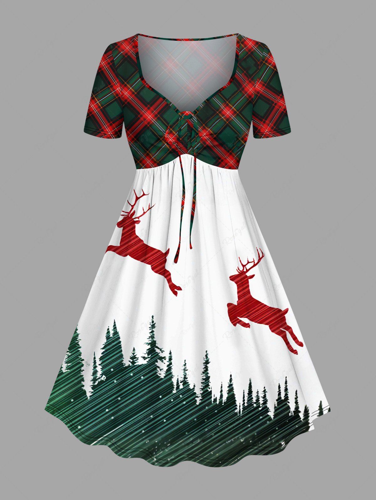 Best Plus Size Christmas Tree Elk Plaid Print Cinched A Line Dress  