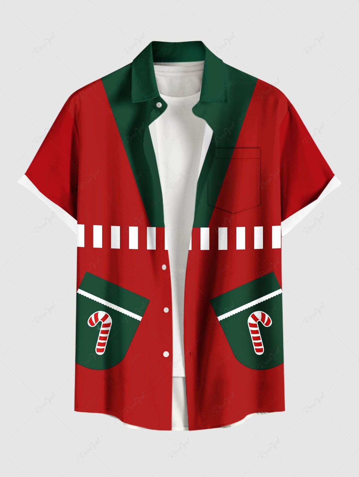 Chemise de Noël grande taille avec imprimé bonbon et poche boutonnée pour homme Rouge M