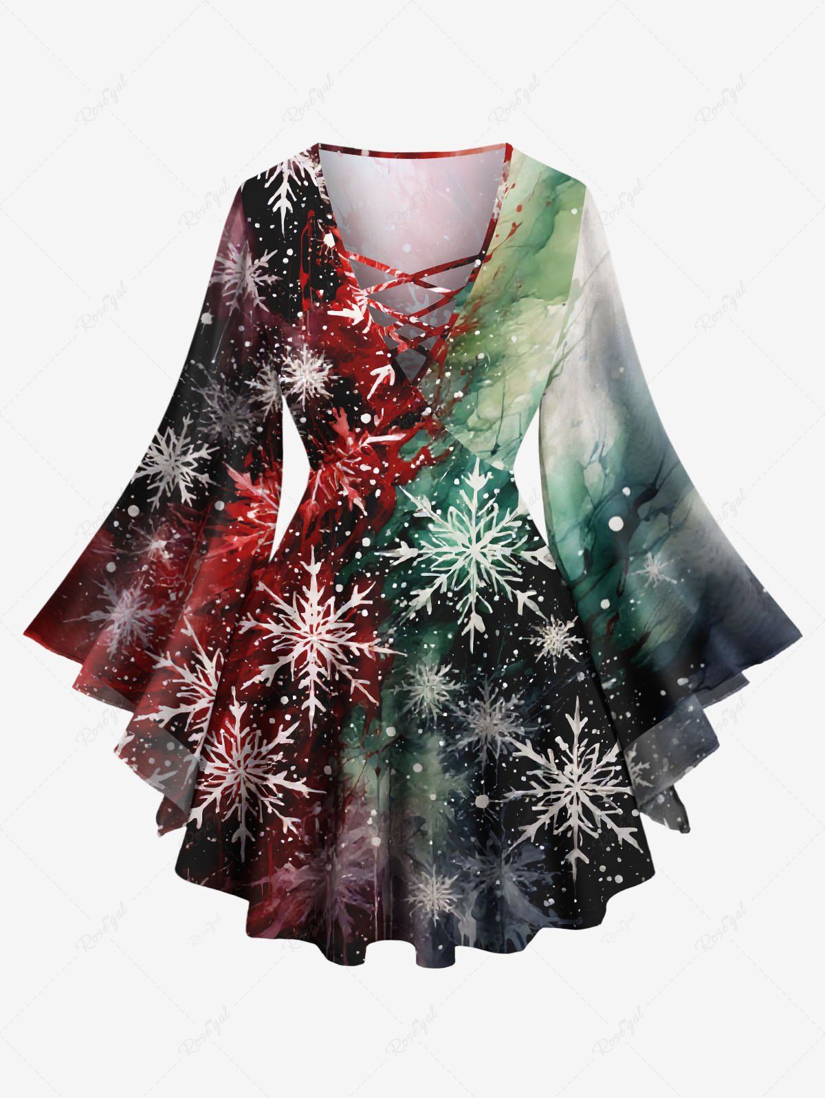 T-shirt de Noël grande taille à manches longues pour femme, imprimé flocon de neige, dégradé, peinture, éclaboussures, treillis Noir XS