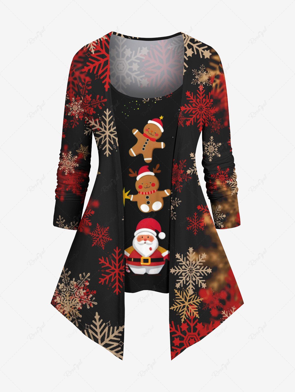 T-shirt 2 en 1 à manches longues pour femme, imprimé flocon de neige, pain d'épices, Père Noël, grande taille Rouge XS