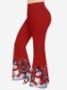 Ensemble assorti de Noël, t-shirt et pantalon évasé pour femme, motif flocon de neige, bonhomme de neige, fleurs et bonbons, grande taille - Rouge 
