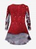 Ensemble assorti de Noël, t-shirt et pantalon évasé pour femme, motif flocon de neige, bonhomme de neige, fleurs et bonbons, grande taille - Rouge 