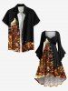Plus Size Christmas Tree Light Glitter 3D Print Ruched Flare Sleeves High Low Dress -  