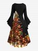 Plus Size Christmas Tree Light Glitter 3D Print Ruched Flare Sleeves High Low Dress -  