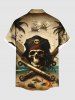 Plus Size Coconut Tree Pirate Skull Fire Flame Boat Cruise Print Buttons Pocket Hawaii Shirt For Men -  