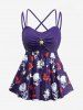 Plus Size Skull Butterfly Flower Print Shell Buckle Crisscross Boyleg Tankini Swimsuit (Adjustable Shoulder Strap) -  