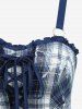 Plaid Print Flower Embroidery Lace Up Cami Top -  
