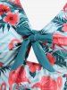 Plus Size Tropical Leaf Hibiscus Flower Flamingo Zig Zag Print Hawaii Cinched Boyleg Tankini Swimsuit -  