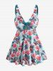 Plus Size Tropical Leaf Hibiscus Flower Flamingo Zig Zag Print Hawaii Cinched Boyleg Tankini Swimsuit -  