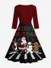 Robe vintage années 50 à imprimé Père Noël, bonhomme de neige, pain d'épices, élan, lettres, coupe trapèze, mi-longue - Rouge Vineux 3XL