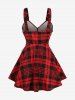 Plaid Print Ruched Grommets Lace-up Heart Buckle Lace Trim Tank Top -  