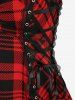 Plaid Print Ruched Grommets Lace-up Heart Buckle Lace Trim Tank Top - Rouge L