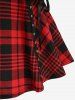 Plaid Print Ruched Grommets Lace-up Heart Buckle Lace Trim Tank Top - Rouge L
