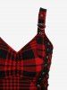Plaid Print Ruched Grommets Lace-up Heart Buckle Lace Trim Tank Top - Rouge L