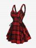 Plaid Print Ruched Grommets Lace-up Heart Buckle Lace Trim Tank Top - Rouge L