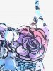 Plus Size Ombre Rose Flower Print Keyhole Tied Boyleg Tankini Swimsuit (Adjustable Shoulder Strap) -  