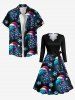 Robe trapèze grande taille avec chapeau lumineux de Noël, imprimé flocon de neige et dinosaure, col festonné et ceinture amovible - Noir L