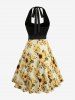 Robe trapèze dos nu à imprimé écossais tournesol avec ceinture amovible - Noir XL